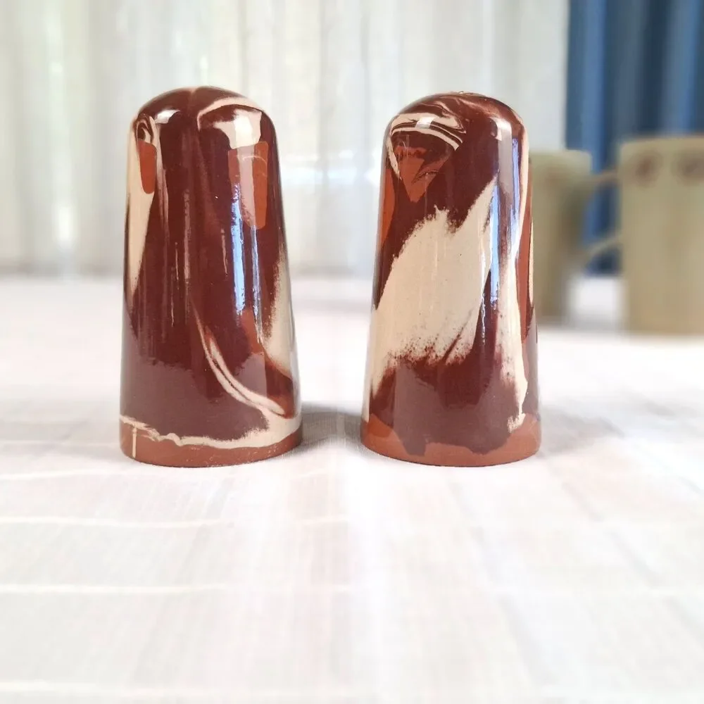 Clays in Calico Salt & Pepper Shakers Studio Pottery Redware Glazed Browns